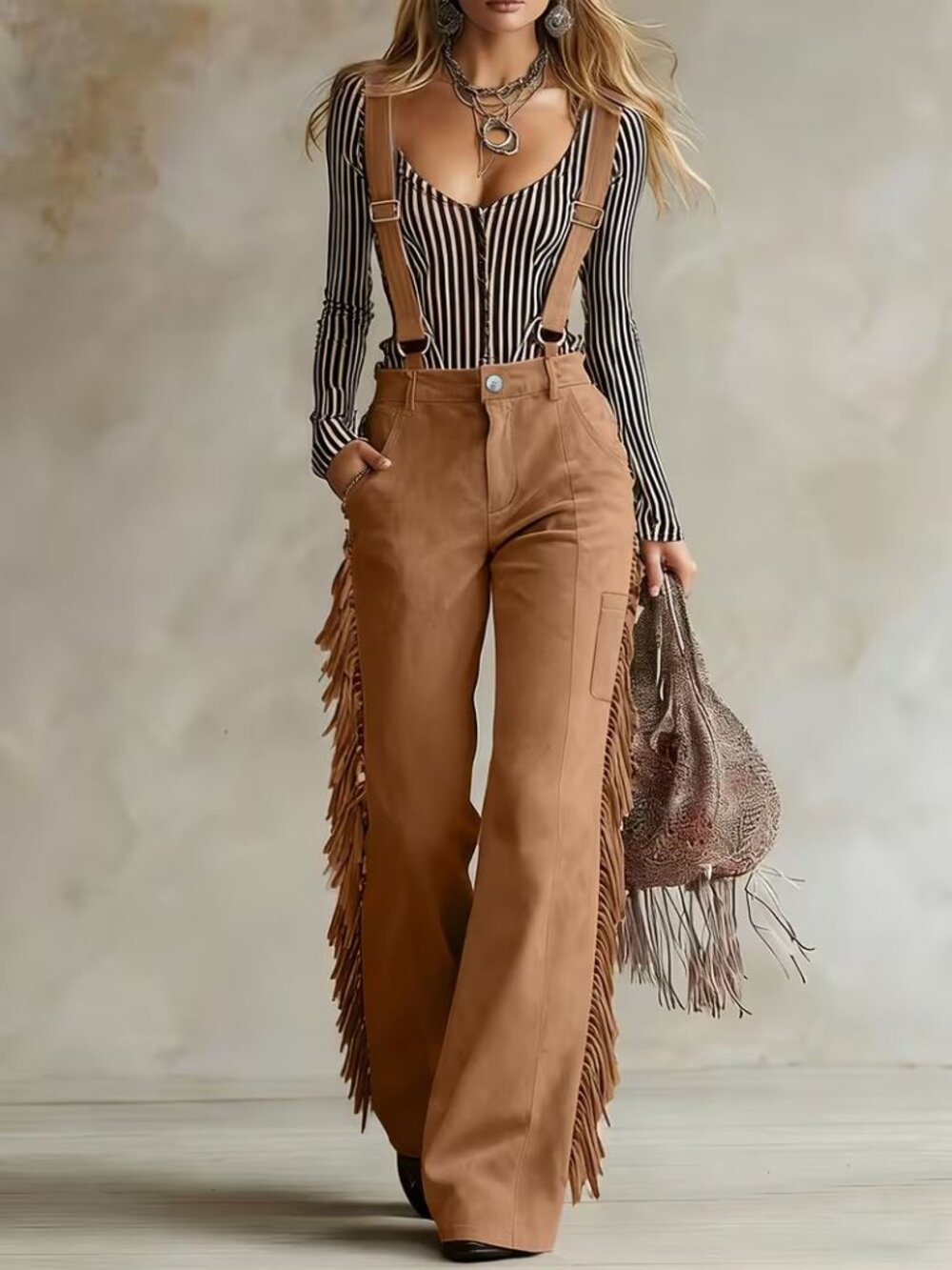 Brown Fringes Pants With Suspender Overall Dungarees Western Cowgirl Stampede